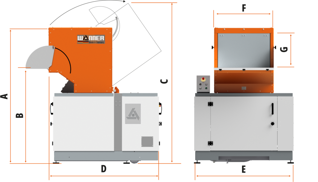 Die Wanner Energy E-Serie Kunststoffschneidmühle von vorne und der Seite. Maßskizze für die Größe. Die Schneidmühle für Plastik und Kunststoffe, zentral oder als Beistellmühle. Liefert bei der Zerkleinerung von Angüssen, Butzen und Blasformen feinstes Mahlgut.