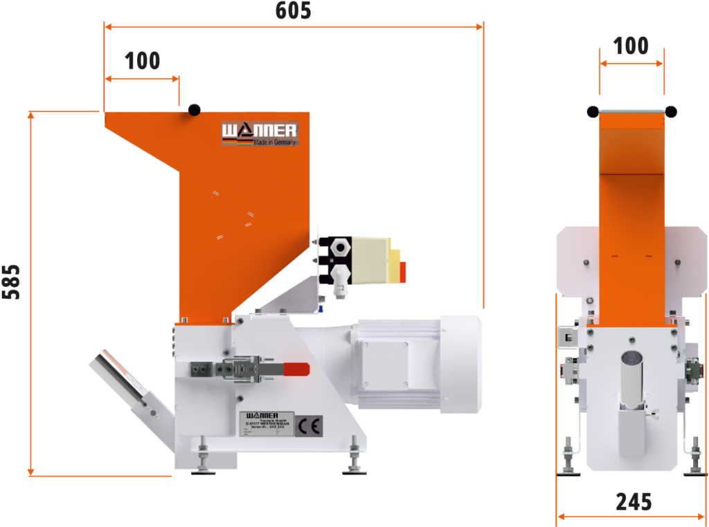 Die Wanner Baby B-Serie Kunststoffschneidmühle von vorne und der Seite. Maßskizze für die Größe. Die Schneidmühle für Plastik und Kunststoffe, zentral oder als Beistellmühle. Liefert bei der Zerkleinerung von Angüssen, Butzen und Blasformen feinstes Mahlgut.