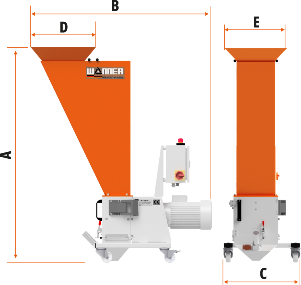 Die Wanner Compact C-Serie mit Handlingschacht Kunststoffschneidmühle von vorne und der Seite. Maßskizze für die Größe. Die Schneidmühle für Plastik und Kunststoffe, zentral oder als Beistellmühle. Liefert bei der Zerkleinerung von Angüssen, Butzen und Blasformen feinstes Mahlgut.