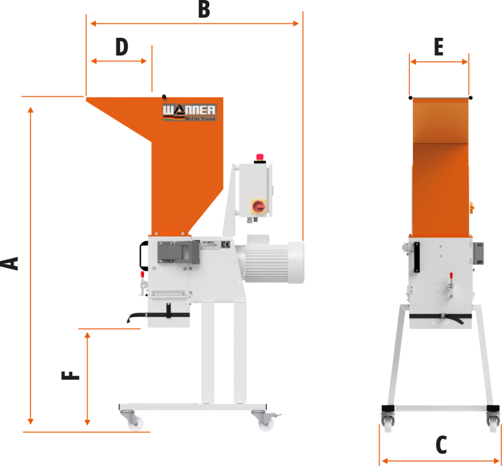 Die Wanner Compact C-Serie Standard Kunststoffschneidmühle von vorne und der Seite. Maßskizze für die Größe. Die Schneidmühle für Plastik und Kunststoffe, zentral oder als Beistellmühle. Liefert bei der Zerkleinerung von Angüssen, Butzen und Blasformen feinstes Mahlgut.