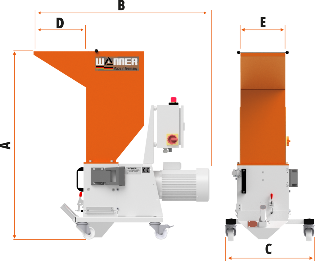 Die Wanner Compact C-Serie Standard Kunststoffschneidmühle von vorne und der Seite. Maßskizze für die Größe. Die kompakte Version mit Getriebeantrieb. Die Schneidmühle für Plastik und Kunststoffe, zentral oder als Beistellmühle. Liefert bei der Zerkleinerung von Angüssen, Butzen und Blasformen feinstes Mahlgut.