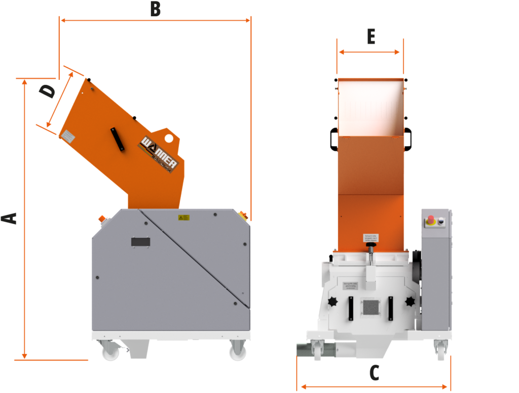 Die Wanner Dynamic D-Serie D 25.25 Standard Kunststoffschneidmühle von vorne und der Seite. Maßskizze für die Größe. Die kompakte Version mit Getriebeantrieb. Die Schneidmühle für Plastik und Kunststoffe, zentral oder als Beistellmühle. Liefert bei der Zerkleinerung von Angüssen, Butzen und Blasformen feinstes Mahlgut.