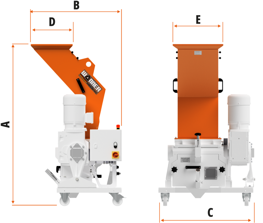 Die Wanner Dynamic D-Serie Compact Kunststoffschneidmühle von vorne und der Seite. Maßskizze für die Größe. Die kompakte Version mit Getriebeantrieb. Die Schneidmühle für Plastik und Kunststoffe, zentral oder als Beistellmühle. Liefert bei der Zerkleinerung von Angüssen, Butzen und Blasformen feinstes Mahlgut.