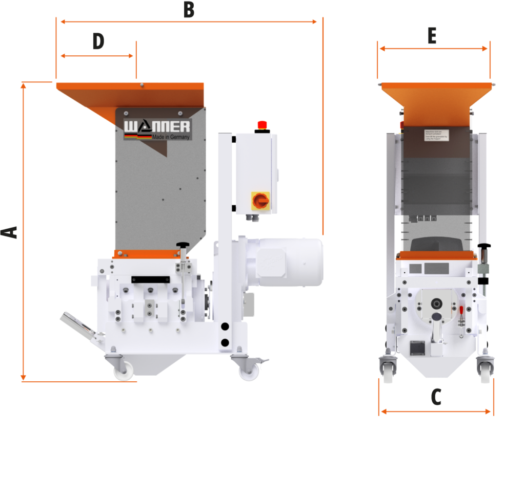 Die Wanner Xtra 2 Kunststoffschneidmühle von vorne und der Seite. Maßskizze für die Größe. Die kompakte Version mit Getriebeantrieb. Die Schneidmühle für Plastik und Kunststoffe, zentral oder als Beistellmühle. Liefert bei der Zerkleinerung von Angüssen, Butzen und Blasformen feinstes Mahlgut.