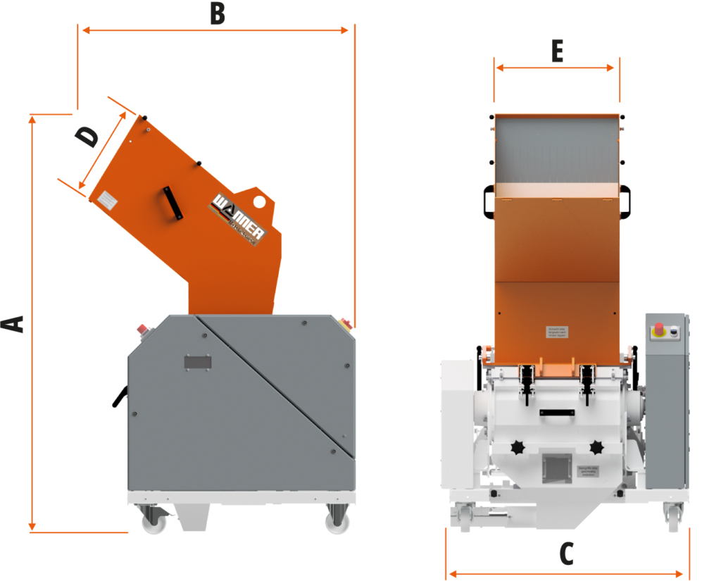 Die Wanner Dynamic D-Serie D 30.50 Standard Kunststoffschneidmühle von vorne und der Seite. Maßskizze für die Größe. Die kompakte Version mit Getriebeantrieb. Die Schneidmühle für Plastik und Kunststoffe, zentral oder als Beistellmühle. Liefert bei der Zerkleinerung von Angüssen, Butzen und Blasformen feinstes Mahlgut.